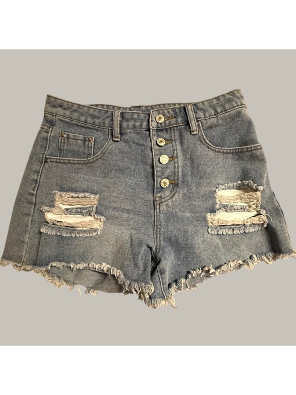 Distressed Denim High-Waisted Button Fly Shorts Frayed Hem Size S